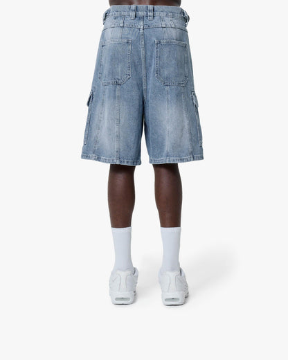 BLUE WASHED DENIM CARGO JORTS