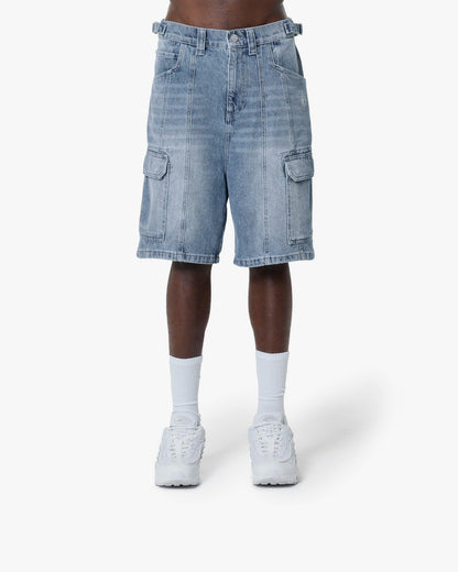 BLUE WASHED DENIM CARGO JORTS