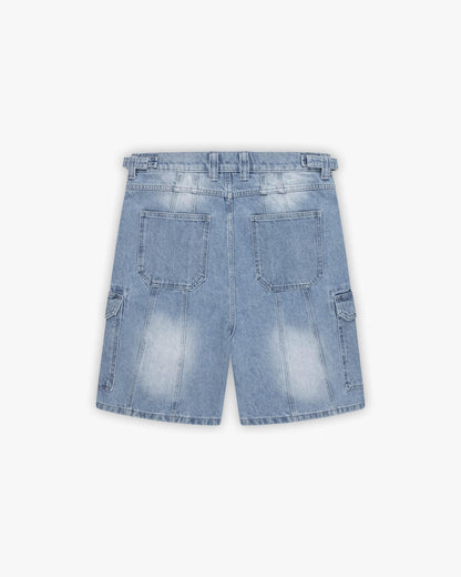 BLUE WASHED DENIM CARGO JORTS